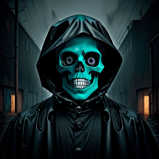 AI generated: Portrait of a man in a black raincoat, a head in a sad theatrical mask, turquoise big eyes, a skull,...