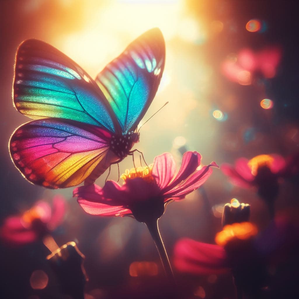 AI generated: A colorful rainbow butterfly on a flower, f:1.2,4k, soft sun lighting
