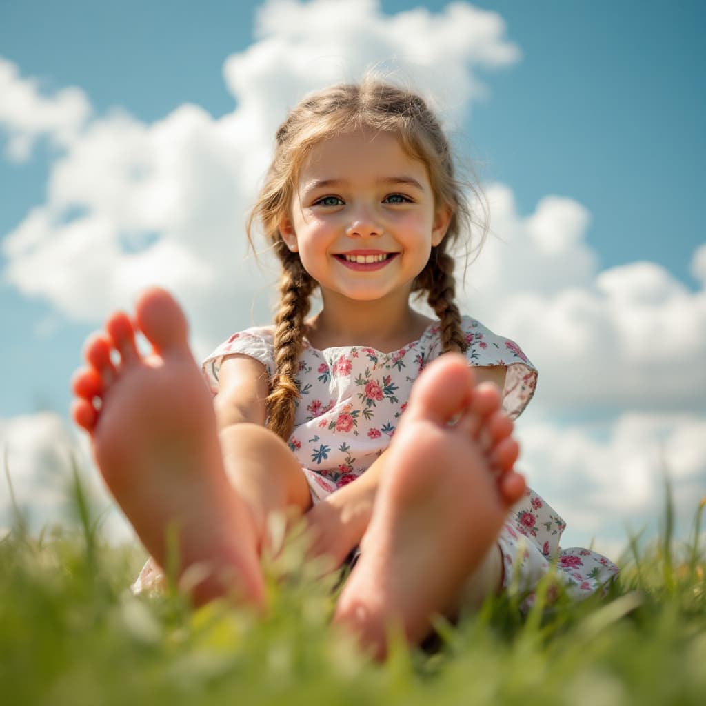 AI generated: A young Caucasian girl sitting on a grassy field during a sunny day, her bare feet playfully stretch...