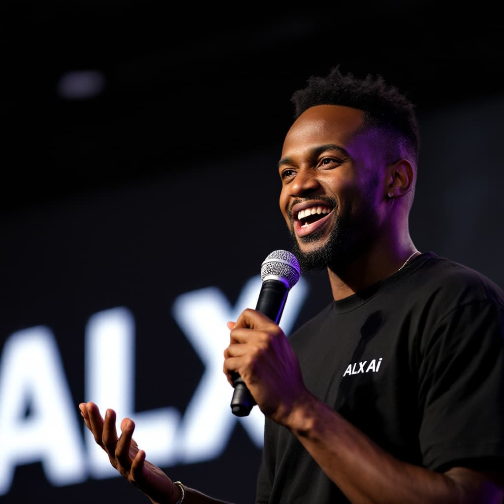 AI generated:  An up-close image of a young, fair-skinned African person giving an

animated talk about artificial...