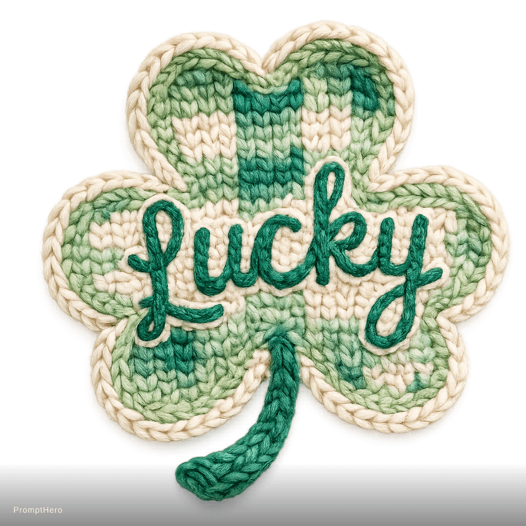AI generated: crochet style four leaf clover, chunky yarn texture, heart shaped clover leaves, different shades of...