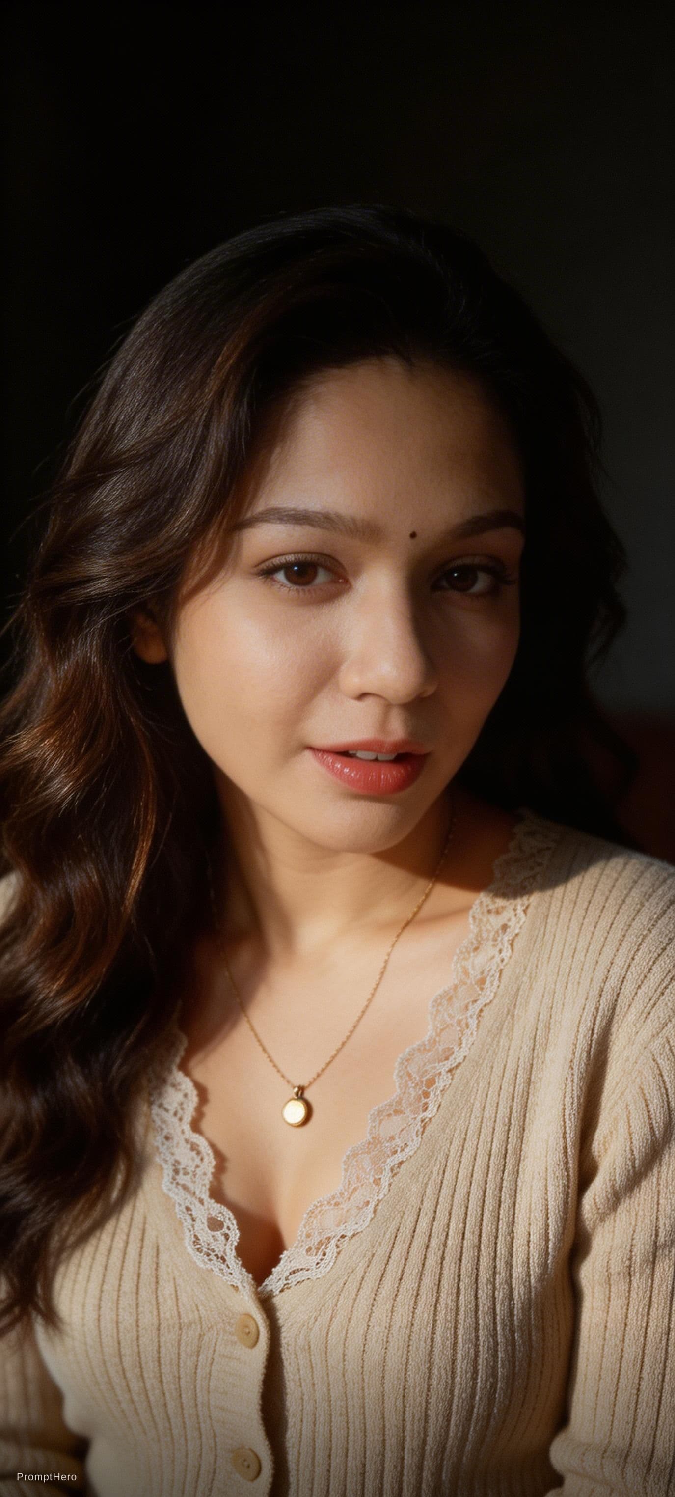 AI generated: A photorealistic close-up portrait of an adult woman in a dimly lit, moody studio setting, captured ...