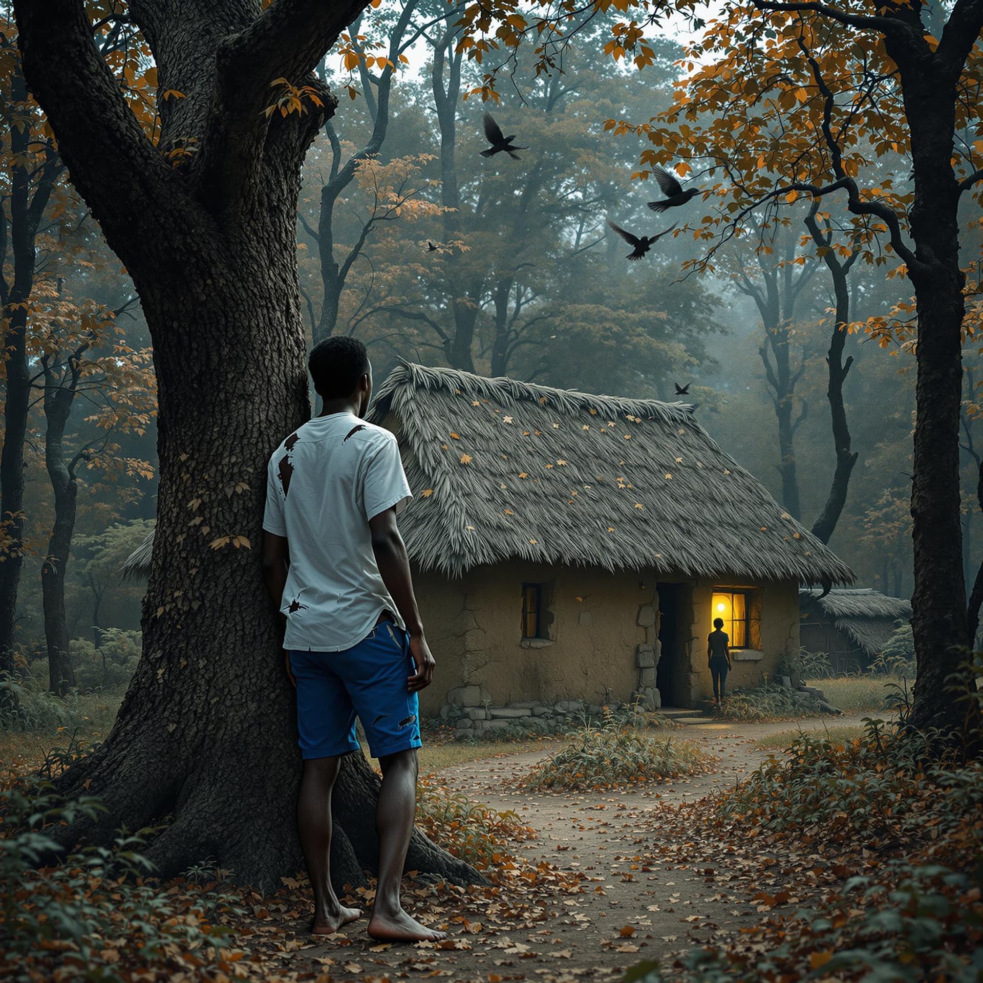 AI generated: Somewhere far from home, a young dark man finds himself lost in the forest barefooted in blue shorts...