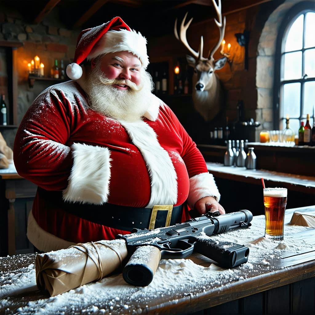 AI generated: masterpiece, best quality,a fat Santa Claus standing in a dim lit bar, with stuffed rain deer heads ...