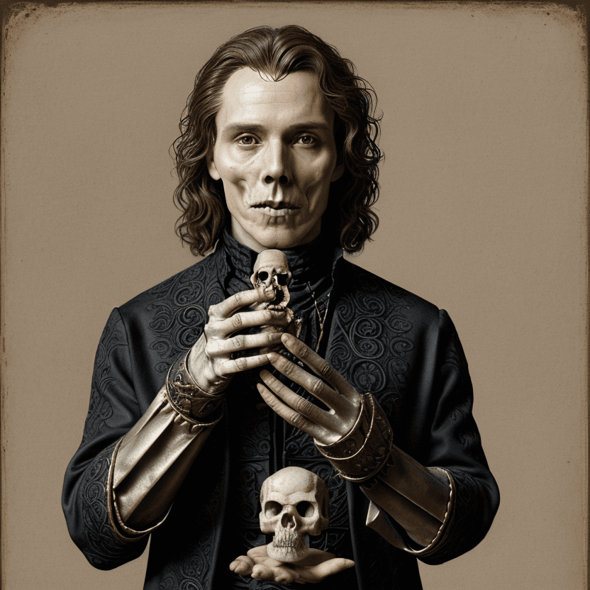 AI generated: To be or not to be, Hamlet holding an anatomically correct human skull of Yorick in the palms of his...