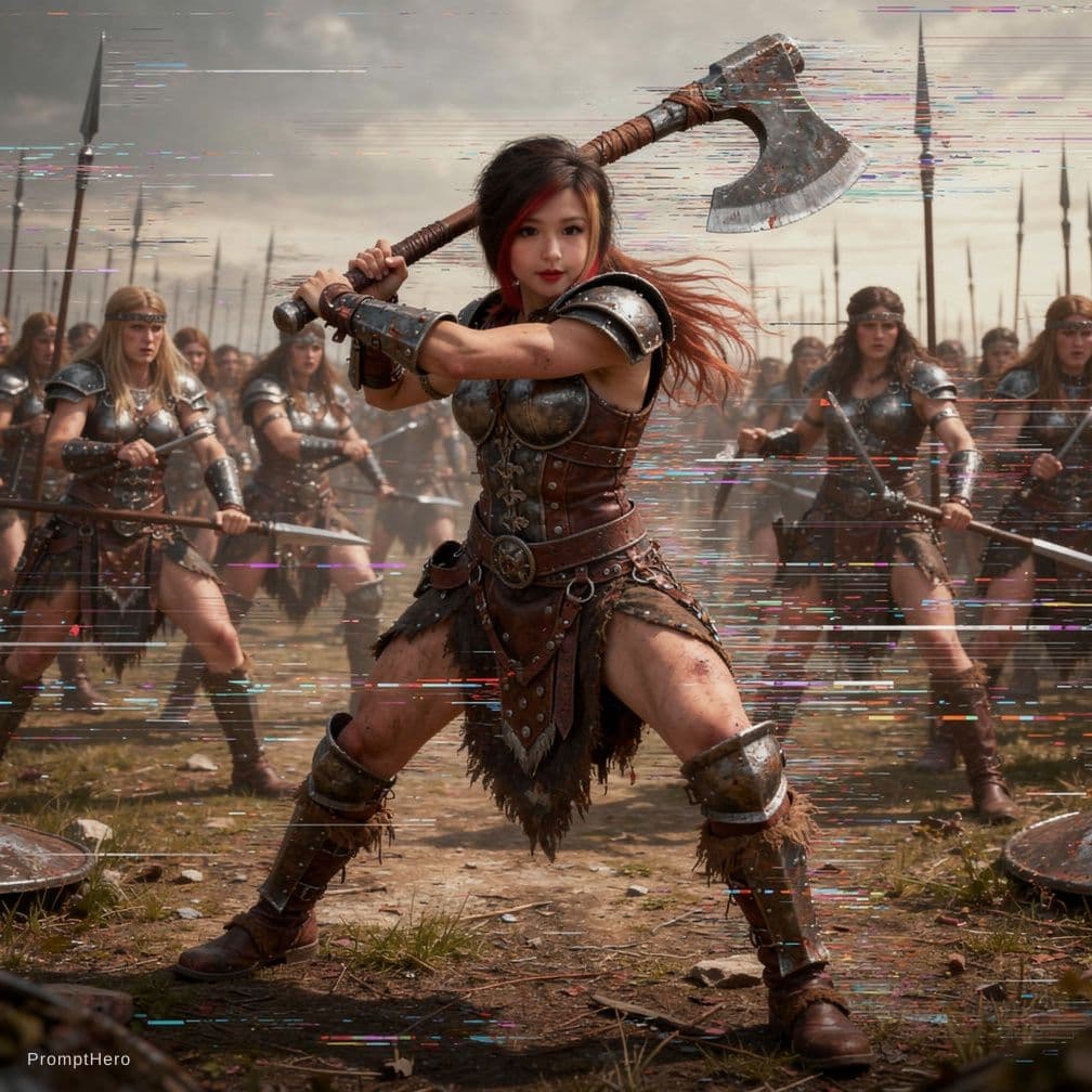 AI generated: Datamoshing. Full body shot 3/4 view of a young beautiful tattooed and scarred female barbarian warr...