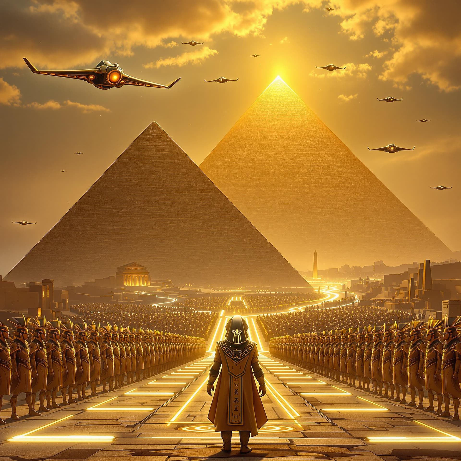 AI generated: An epic scene set in ancient Egypt's desert. Towering pyramids rise majestically under a glowing gol...