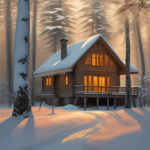 AI generated: Impressionist painting on canvas Wooden house in a snowy forest, beautiful landscape with a wooden h...