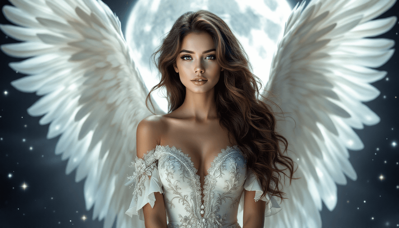 AI generated: Ultra-high resolution, Hyper-detailed celestial portrait, A stunning angel with flowing wavy brown h...