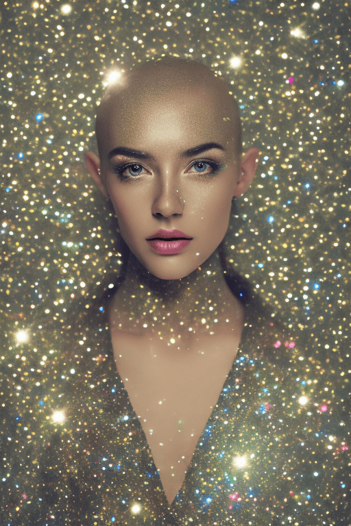 AI generated: Close-up of a person, glitter background, shiny glitter hair, professional profile photo, shiny glit...