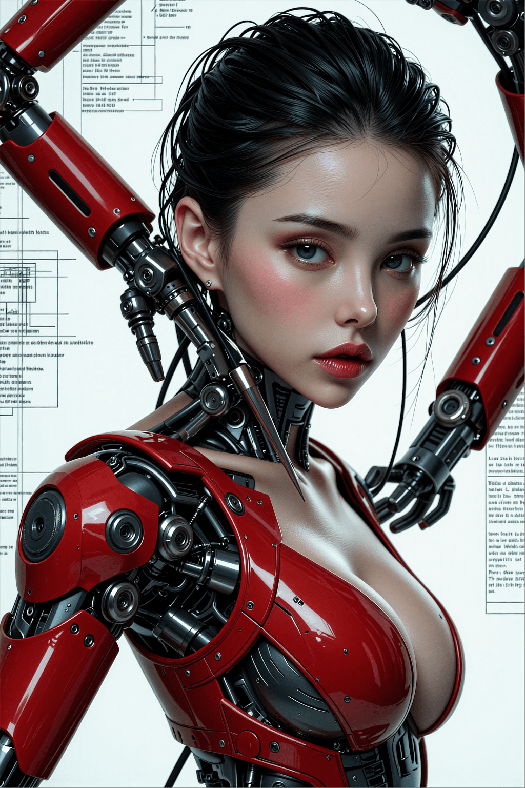 AI generated: Ultra-detailed cinematic portrait of a Hong Kong female cyborg , red and black metallic limbs partia...