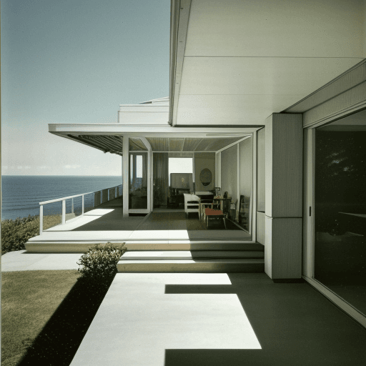 AI generated: Hyper realistic eye level exterior photo of a mid century modern style house overlooking the ocean, ...