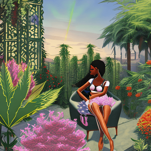 AI generated: (Exterior: peaceful cannabis indica temple garden with potted tulips in bloom with overgrown potted ...