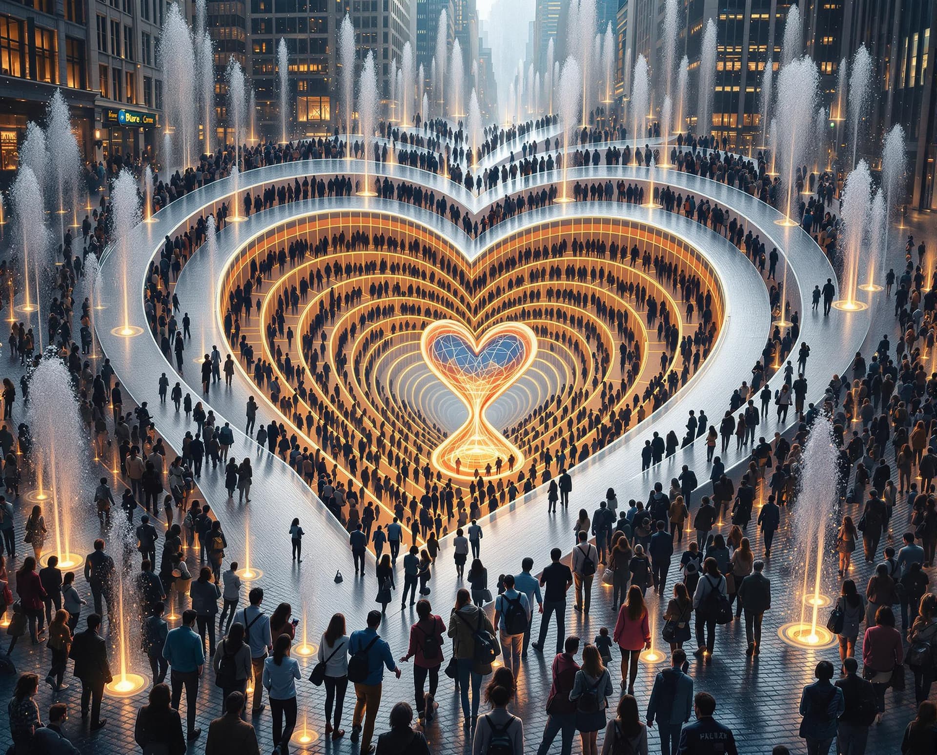 AI generated: Hypnotic maze hourglass: people crowd entering in Giant heart shape water fountain, NY city street, ...