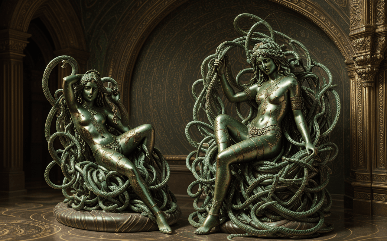 AI generated: one,barocco,interior statue andromeda,entangled in snakes ,hair snakes,decorative bronze,(green pati...