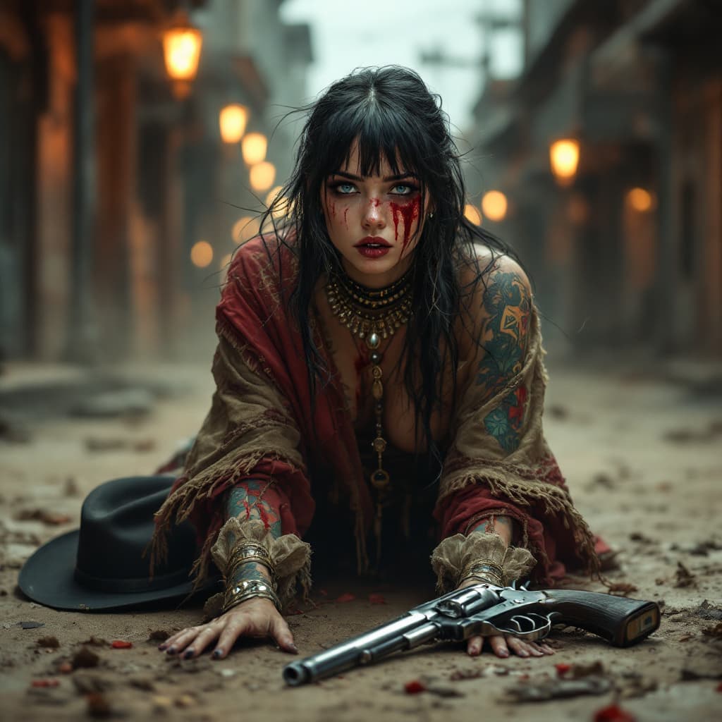 AI generated: HD hyper realistic zoomed out full body photo of beautiful, female gun slinger. She is staggering to...