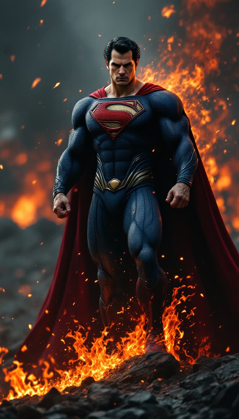 AI generated: Envision a fully body portrait of superman super  super hero rising from the ashes, standing on rock...