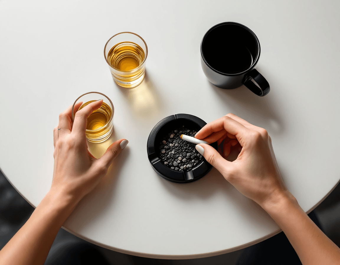 AI generated: A solid with a white table surface, displaying two tequila shot glasses, a rounded black ashtray and...