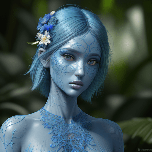 AI generated: fashion photography portrait of a blue human avatar, in a blue lush jungle with flowers and birds, 3...
