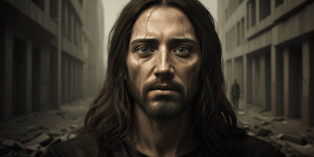 AI generated: the face of Jesus, in the style of dystopian realism, realistic 