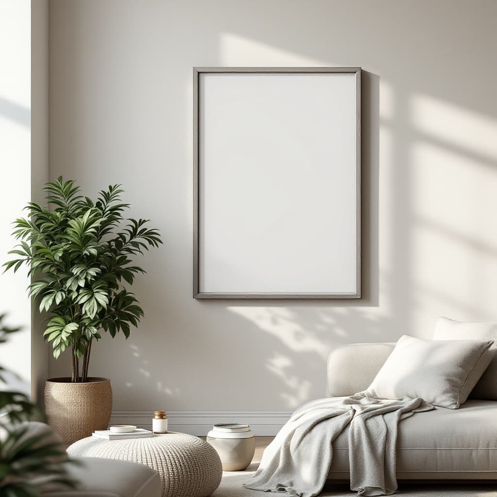 AI generated: A realistic, minimalistic living room with modern furniture in neutral tones, complemented by lush, ...
