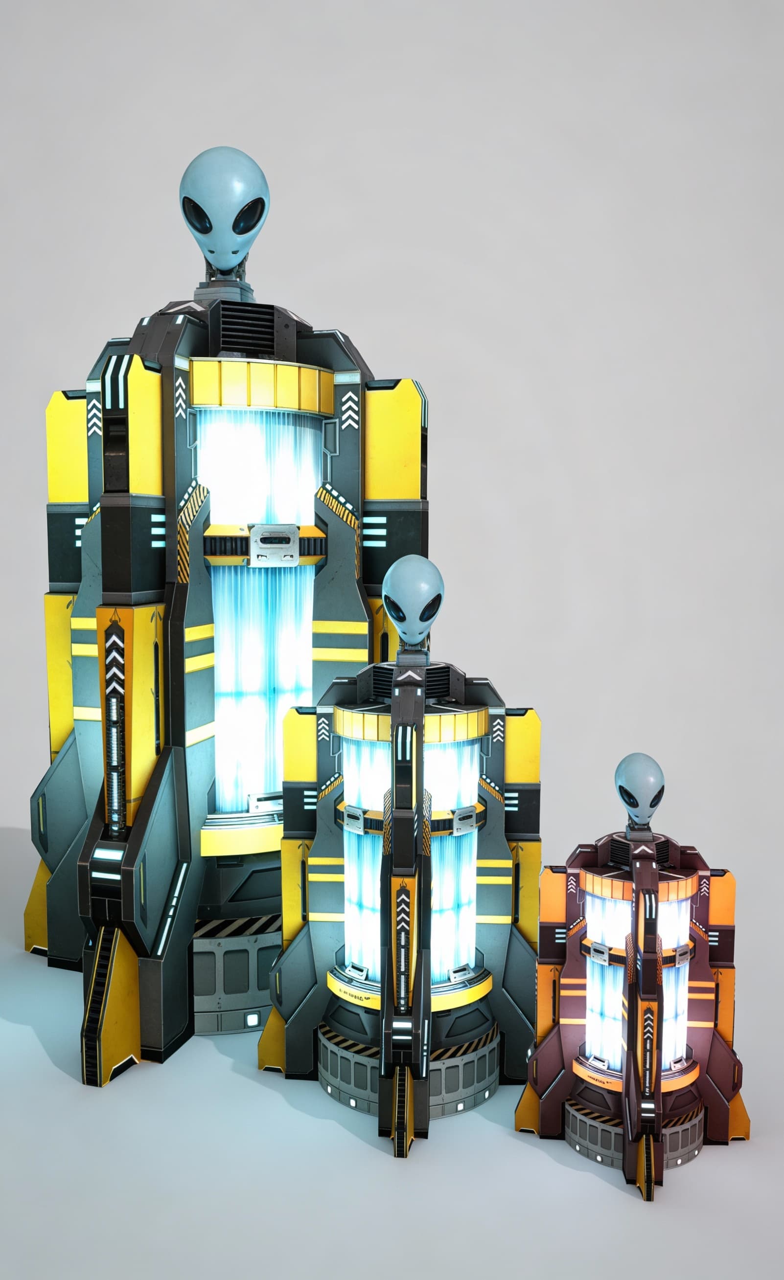AI generated: Use Reference Images to imagine, in detail, a Spacecraft Anti-Grav Drive. Show three devices side-by...