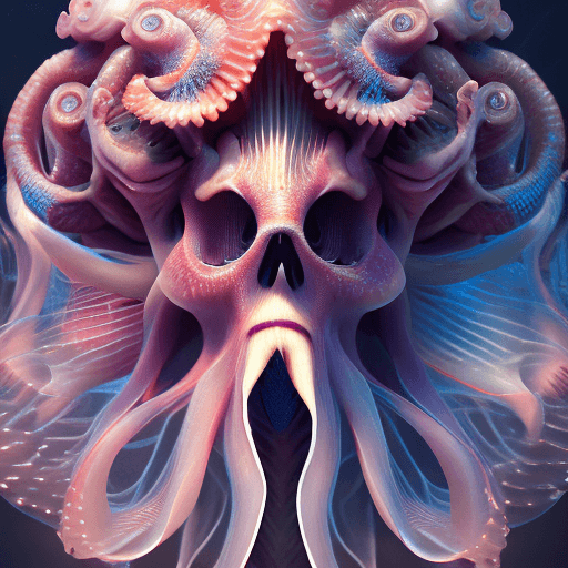 AI generated: Goddess close-up portrait ribcagel. jellyfish phoenix head, nautilus, orchid, skull, betta fish, bio...