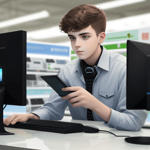AI generated: A young man holding a computer establishes electronic stores