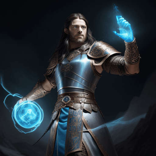 AI generated: A man wearing a viking armor with long dark hair and glowing blue eyes. The man wears gold and cobal...