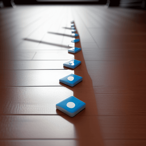 AI generated: A trail of dominos set upright on a hardwood floor and the domino in front has a splatter of blood o...