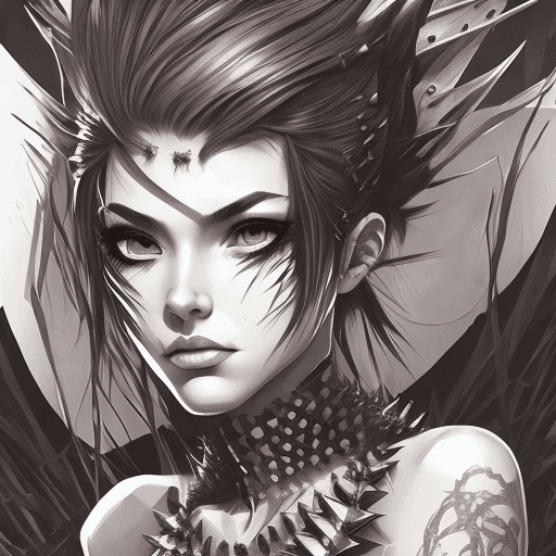 AI generated: picture of a girl dressed in spikes, in the style of artgerm, loose linework, lush and detailed, det...