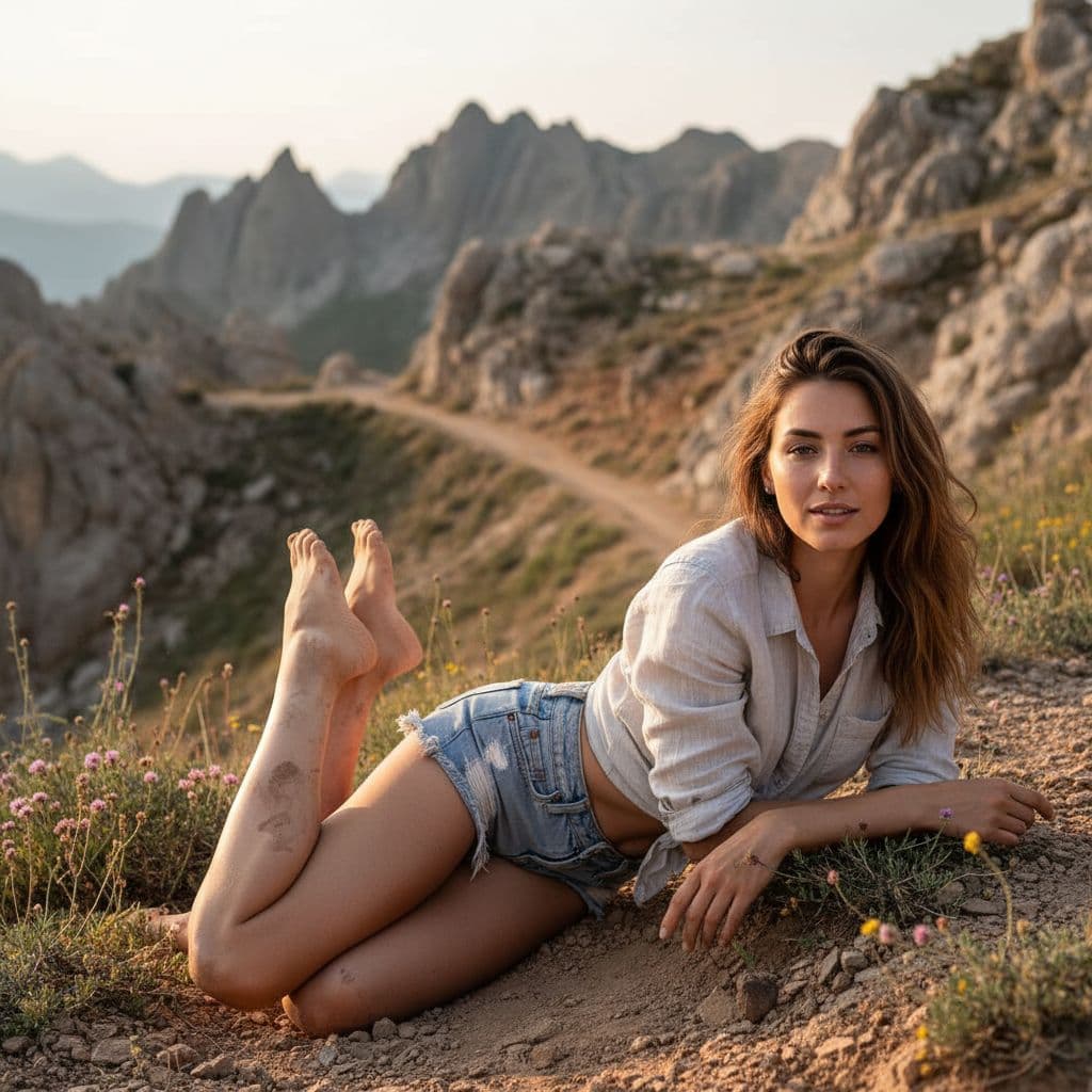 AI generated: sexy teen 20 year old girl in mountain landscape who is passionate about living a barefoot lifestyle...