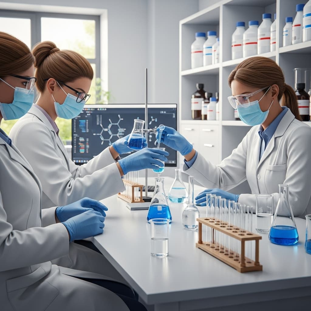 AI generated: Three hyper-realistic female scientists are conducting experiments in a bright and clean modern labo...