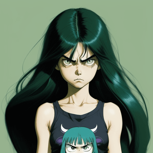 AI generated: a girl with long hair and big shoulders, with angry eyes, in the style of quirky manga art, bill wat...
