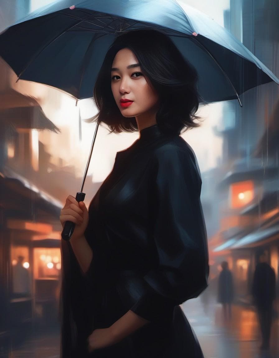 AI generated: a woman in a black dress holding an umbrella, by Ross Tran, digital art, her black hair is a long cu...