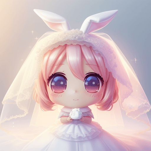 AI generated: Chibi marrying chibi syle bunny in white sparkling wedding veil, pastel colors, warm light, heartwar...