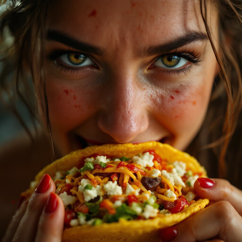 AI generated: A pretty girl chewing on a very spicy, hot and big taco with a extremely high Scoville count, it mak...