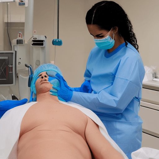 AI generated: Pink haired woman wearing blue surgical gown, teal latex gloves,  surgical cap, white surgical mask ...