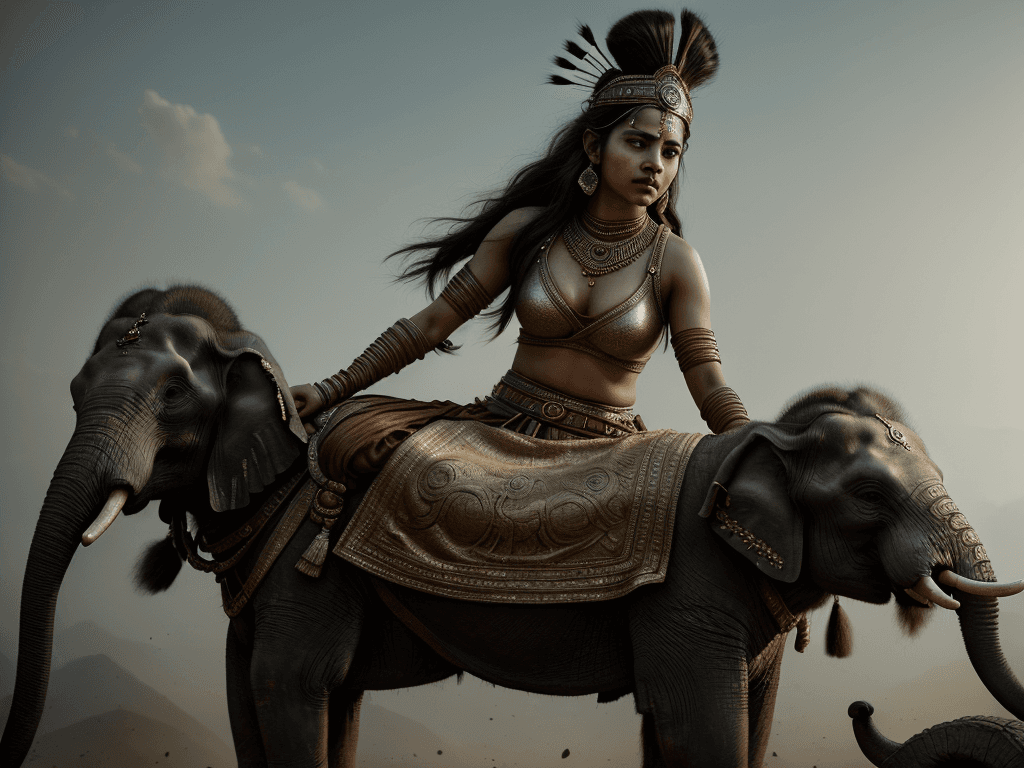AI generated: beautiful Indian warrior princess sitting on a mighty war elephant in a battlefield, fighting vigoro...