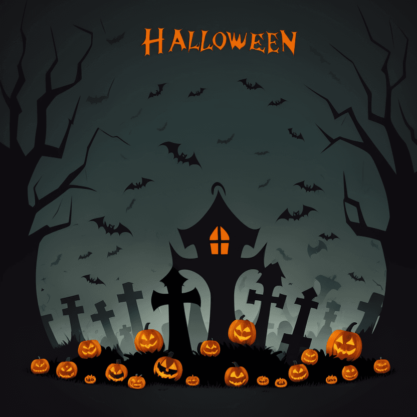 AI generated: halloween horrible graveyard scene in flat design