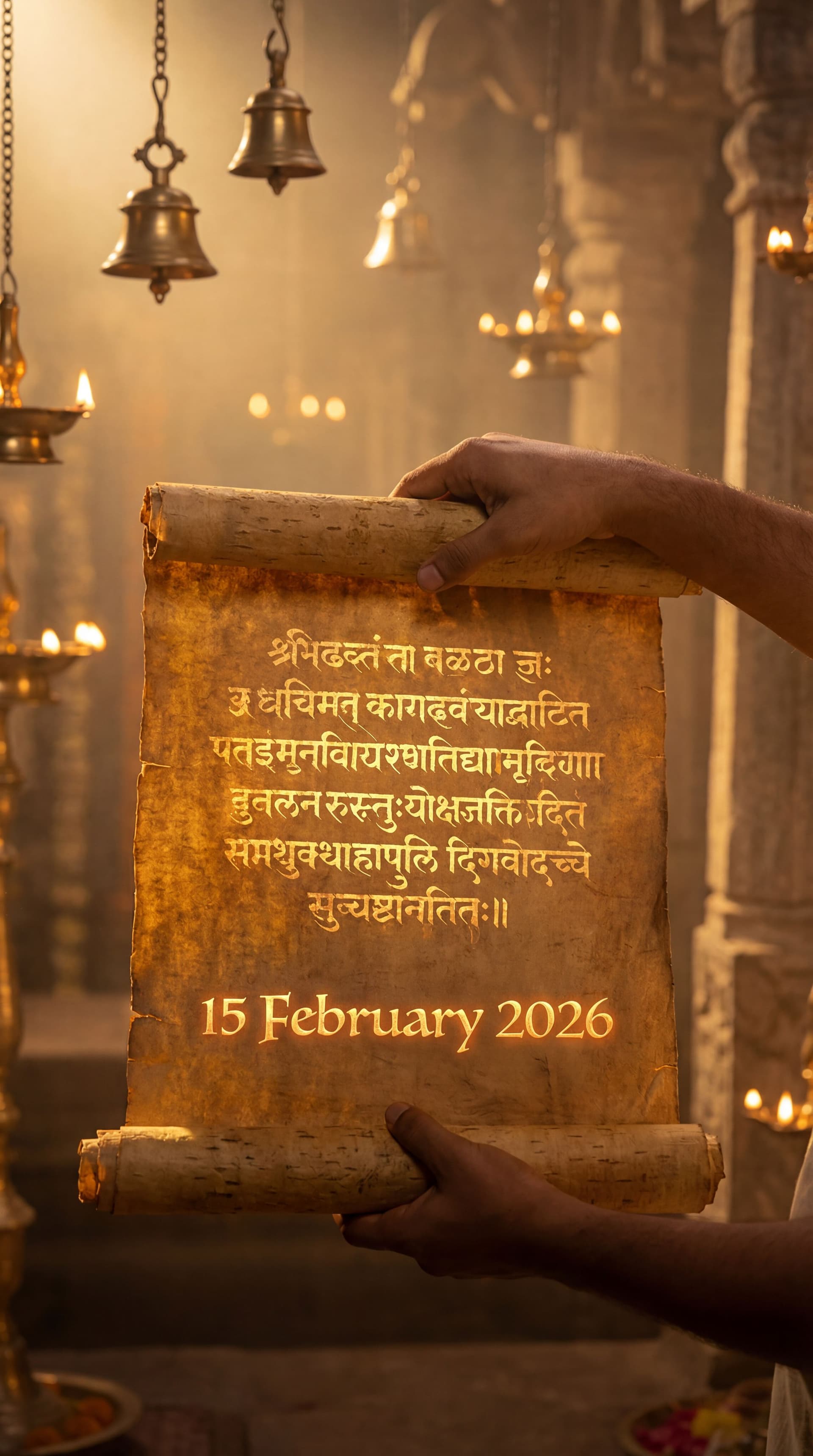 AI generated: Ancient Indian calendar scroll opening, glowing date text “15 February 2026”, temple bells blur back...