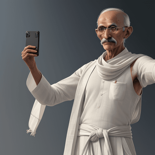 AI generated: Mahatma Gandhi is wearing his iconic white dhoti and shawl. He is holding a smartphone in one hand a...
