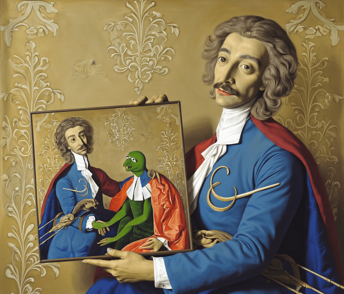 AI generated: the character on the left holding two artworks