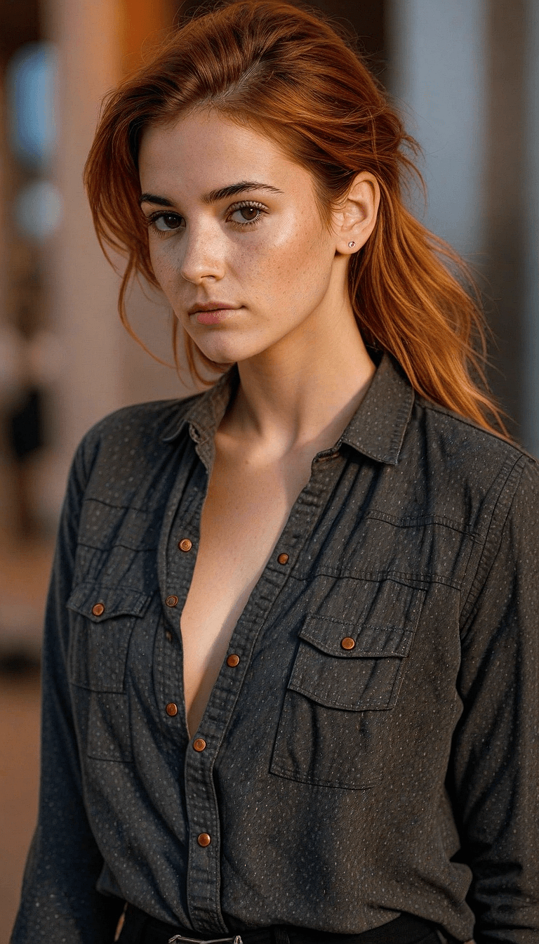 AI generated: An image of a young woman with shoulder-length tousled auburn hair. She has a serene expression and ...