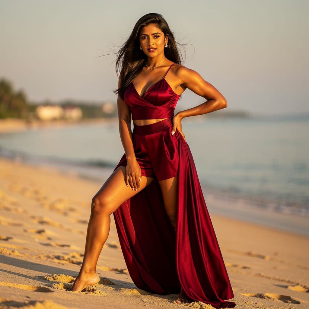 AI generated: Katrina kaif wearing an extremely delicate two piece maroon colour bikini on a beach giving a sizzli...