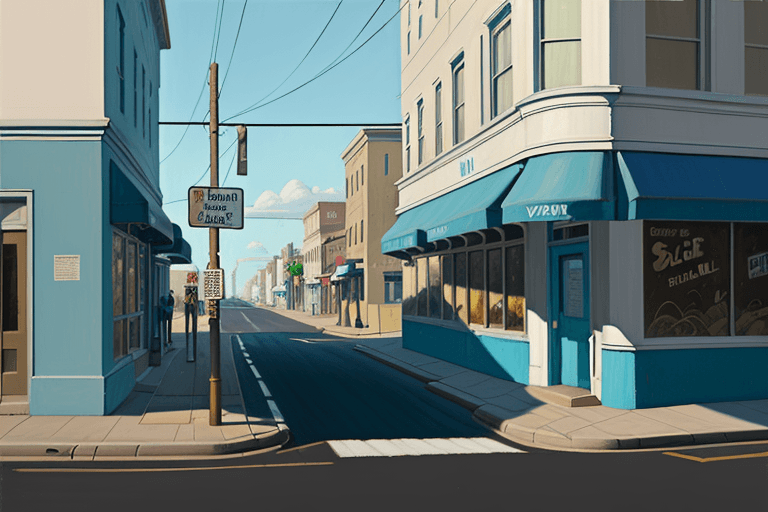 AI generated: 
oil painting of an empty street corner by day, with low wall and blue painted walls with signs in t...