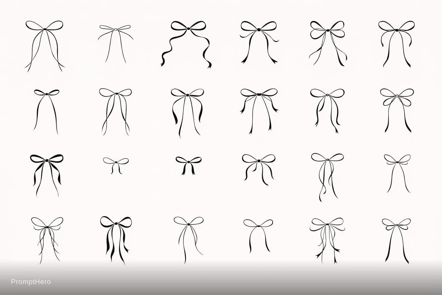 AI generated: Create a clean vector style collection of 20 thin elegant coquette bows, minimalist black ribbon bow...