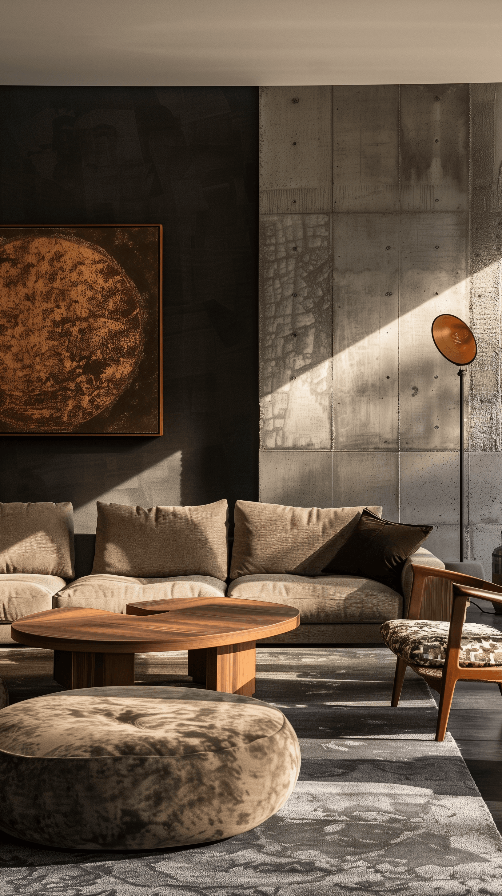 AI generated: photography, spacious living room features a dark grey feature wall contrasted with a smooth concret...
