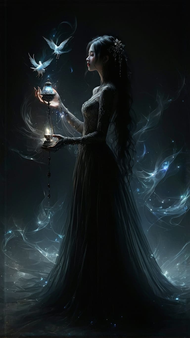 AI generated: An ultra-realistic, full-body portrait of a captivating shadow puppeteer woman, radiating ethereal g...