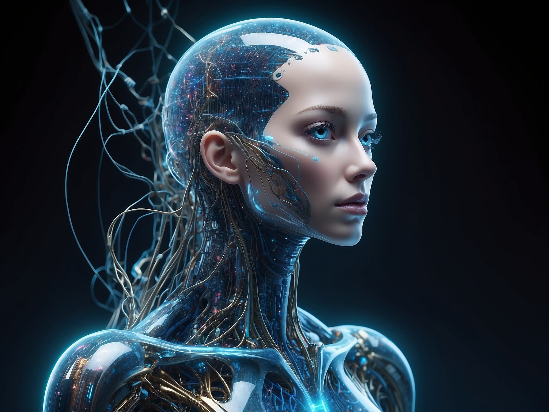 AI generated: a woman's head is shown with wires coming out of it, cyberpunk art by Peter Gric, cgsociety, compute...